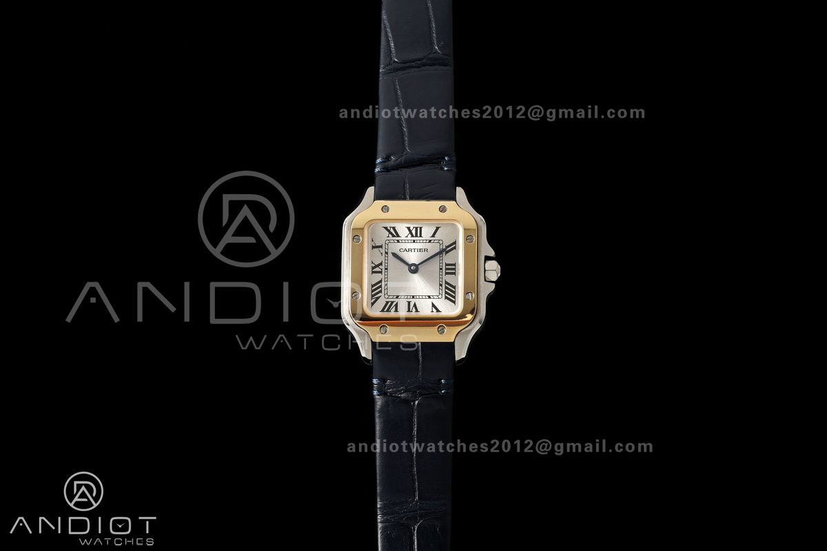Santos De Cartier 27mm YG Bezel DRF SS/LE Silver Dial Alligator Leather Strap Quartz